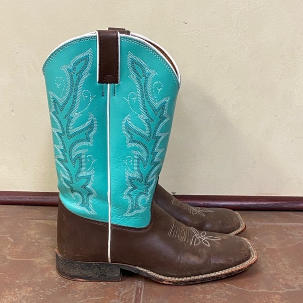 JUSTIN WOMEN'S FRONTIER COLLECTION BROWN & TEAL WIDE SQUARE TOE BOOTS